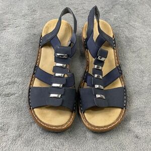 Rieker Sandals Womens 38 Navy Blue Antistress Elastic T-Strap Metallic 62422-14
